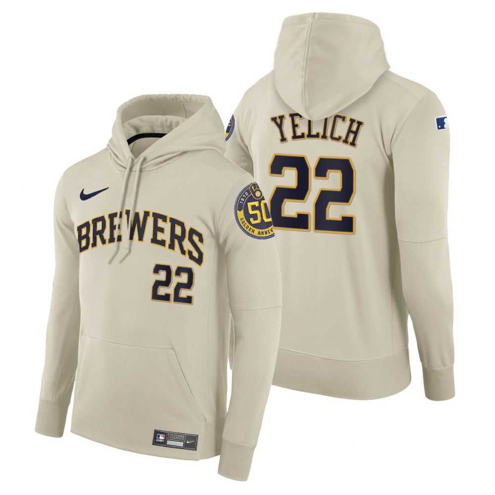 Men Milwaukee Brewers 22 Yelich cream home hoodie 2021 MLB Nike Jerseys